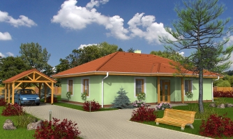 Classic single-storey family house project with hip roofs, suitable for a narrow plot.